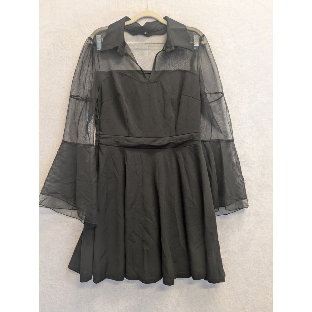 Women's Black Mesh Bell Sleeve Dress Sheer Collar V Neck‎ Fit Flare Size L
